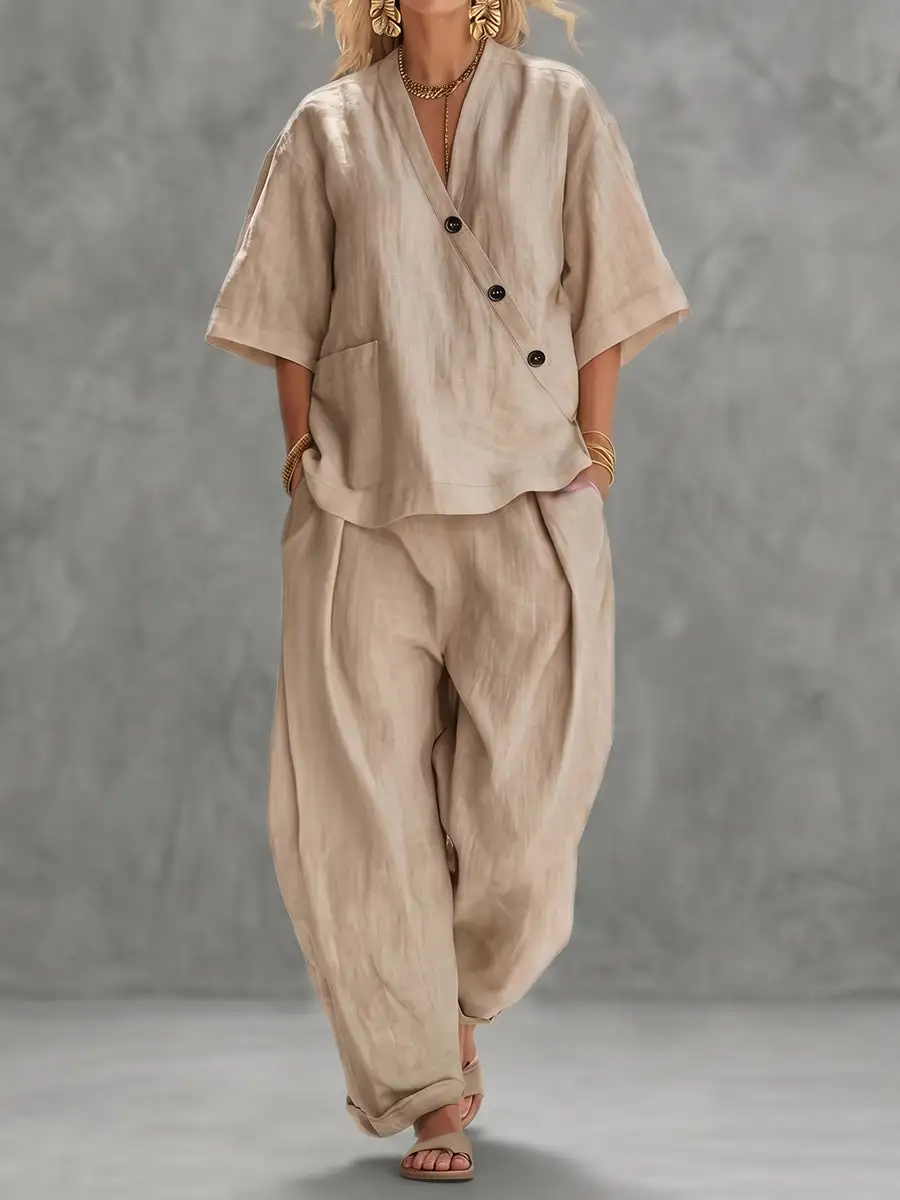 Relaxed V Neck Blouse And Pants Set
