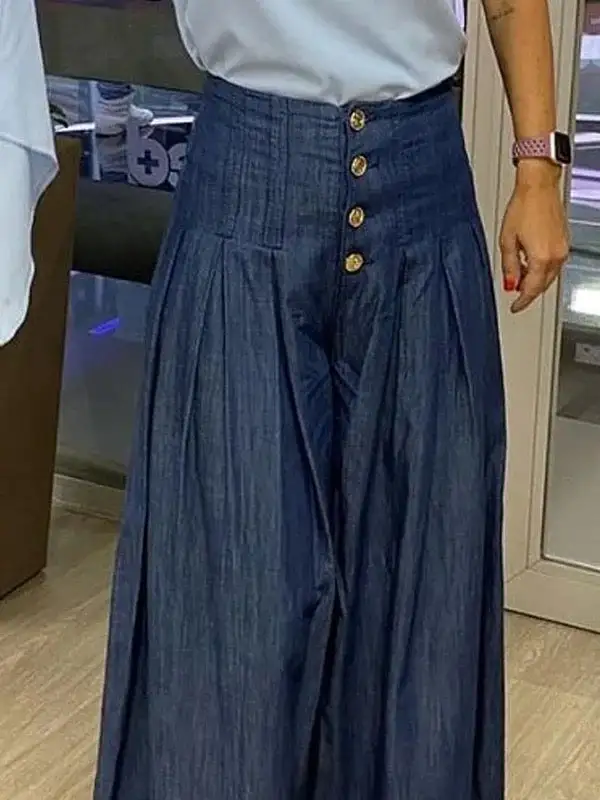 Minimal High Waist Relaxed Fit Wide Leg Pleated Button Detail Pocket Jeans