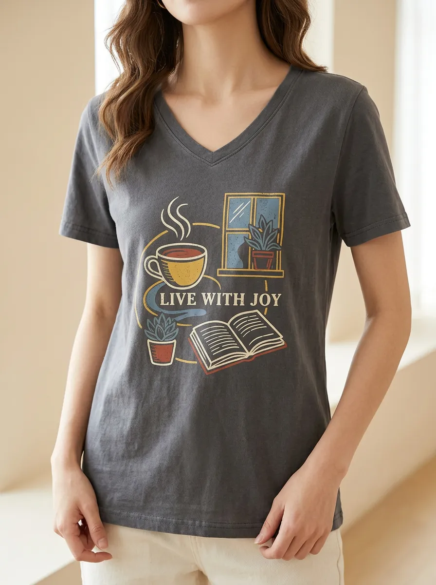 Women's Book Coffee Live With Joy Print V-Neck T-Shirt