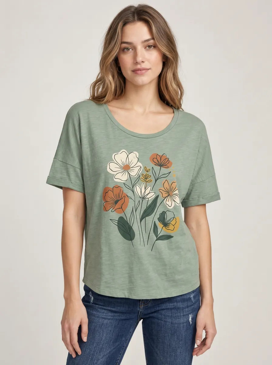 Women's Botanical Floral Relaxed Printed Tee