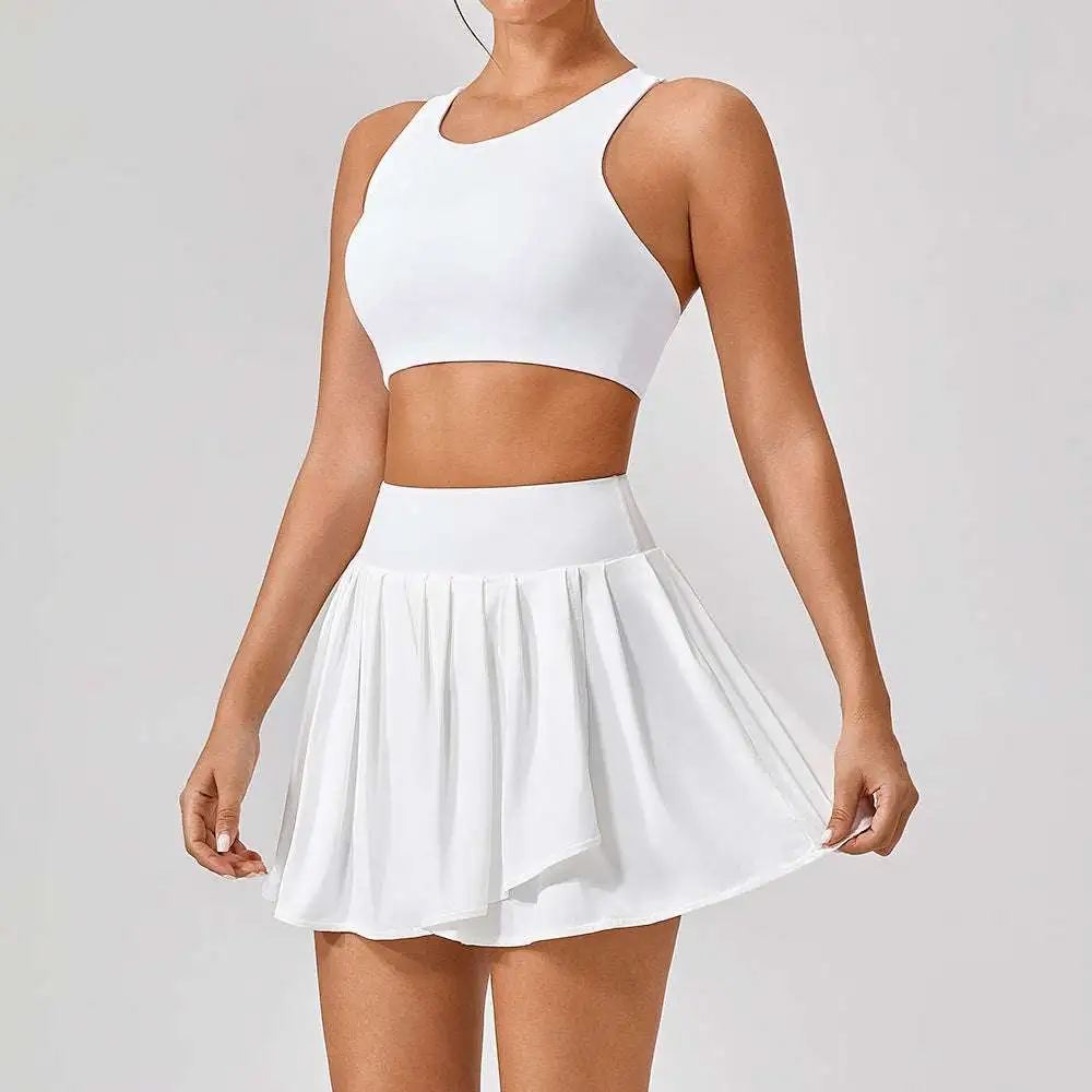 Backless Sleeveless Jacket, Bra and Skort Active Set