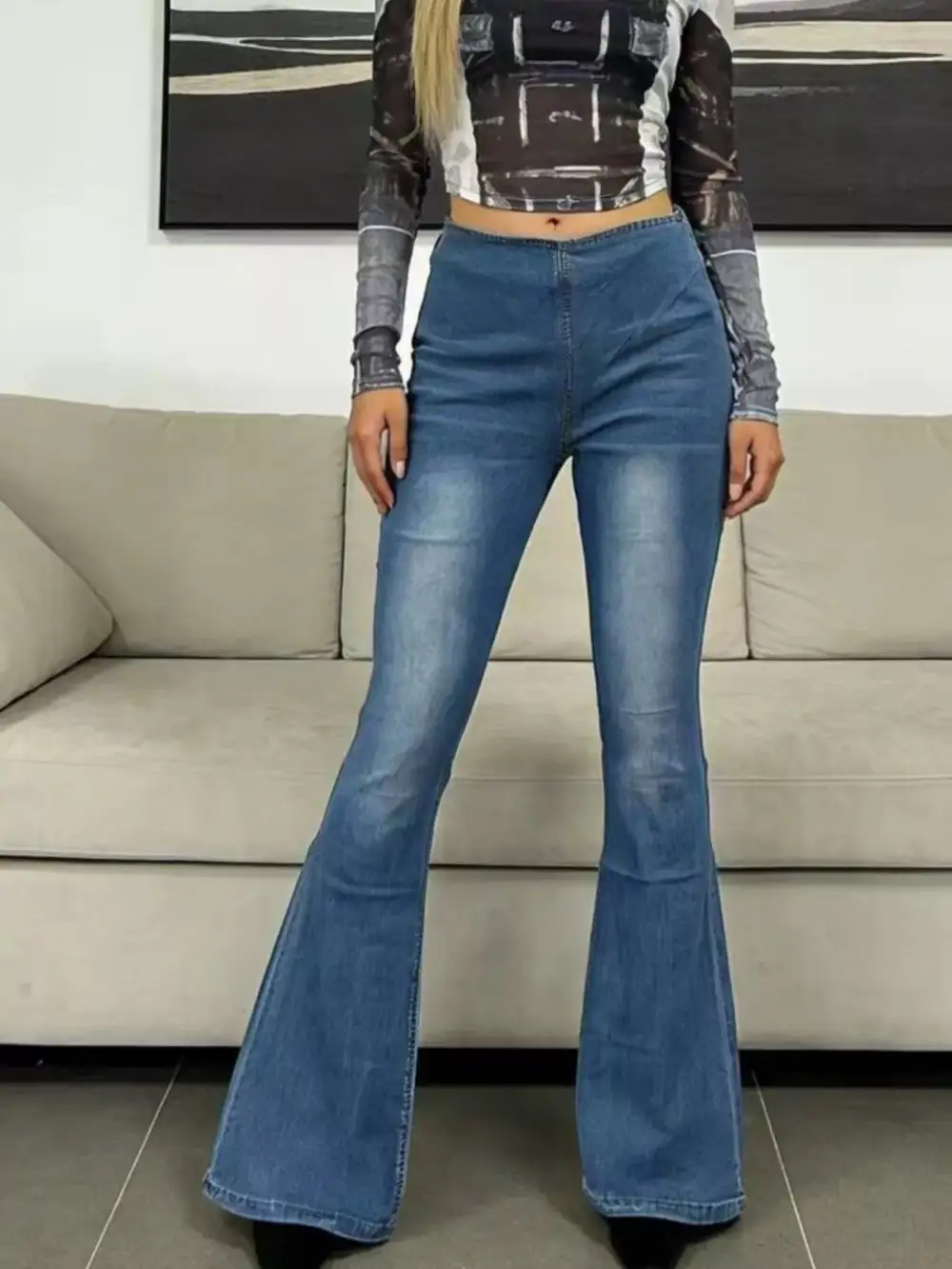 Washed High Waist Flare Leg Denim Jeans