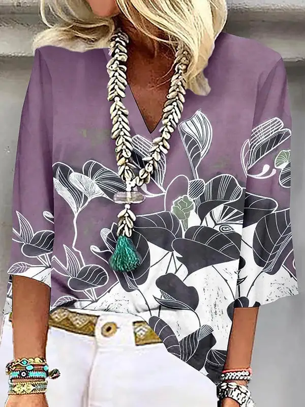 Relaxed Curve Fit Floral Print Three Quarter Sleeves V-Neck T-Shirt