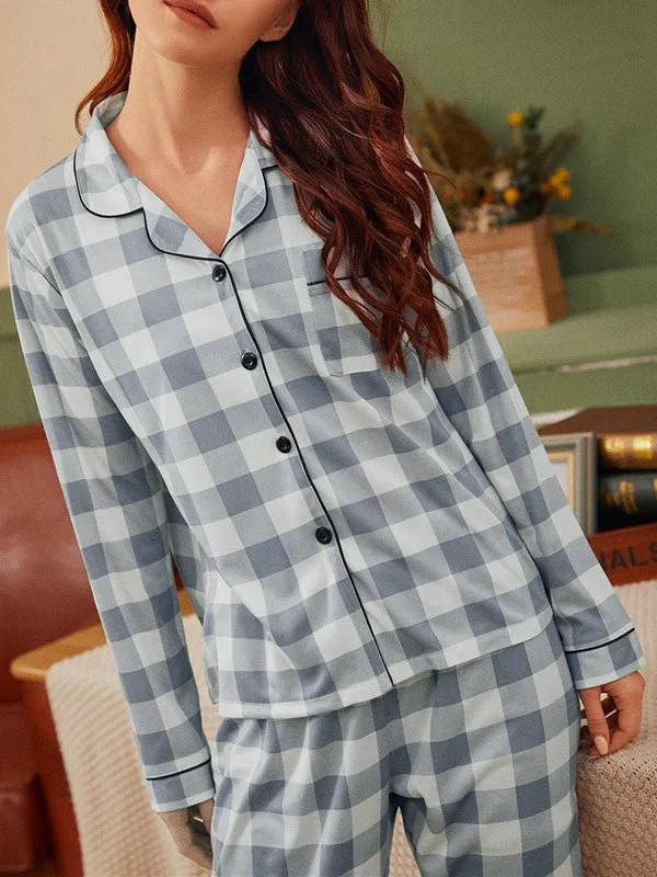 Checkered Pajama Set with Long Sleeve Shirt and Pants