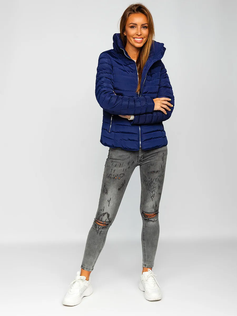 dark blue women's quilted winter jacket without hood