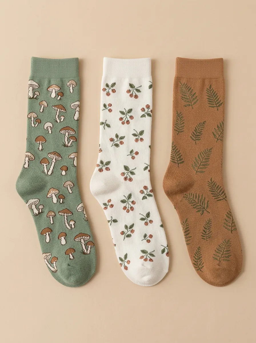 Casual Mushroom Fern Berry Three Pair Sock Set