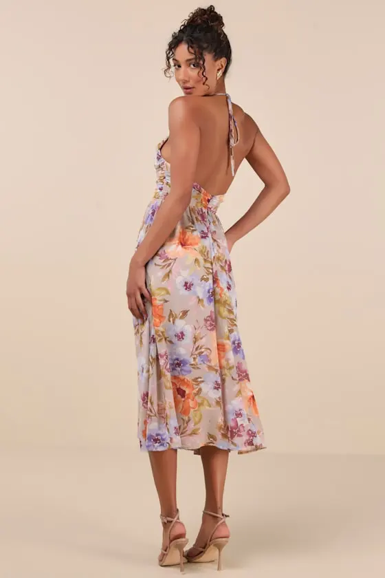 Danelle Yellow Floral Halter A-Line Midi Dress