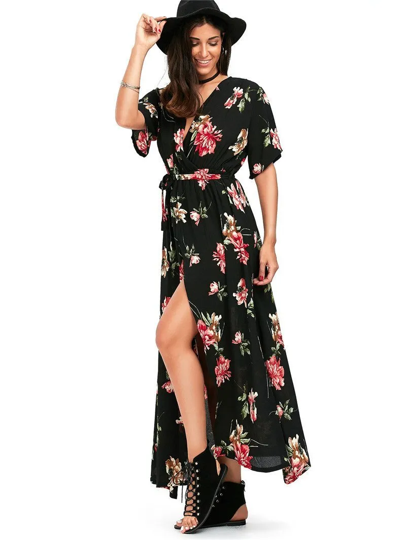 Floral Print V Neck Split Belted Beach Maxi Dress
