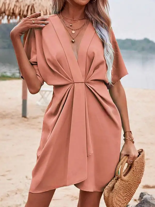 Relaxed Raglan Sleeve Pleated Solid Color Split Joint Deep V Neck