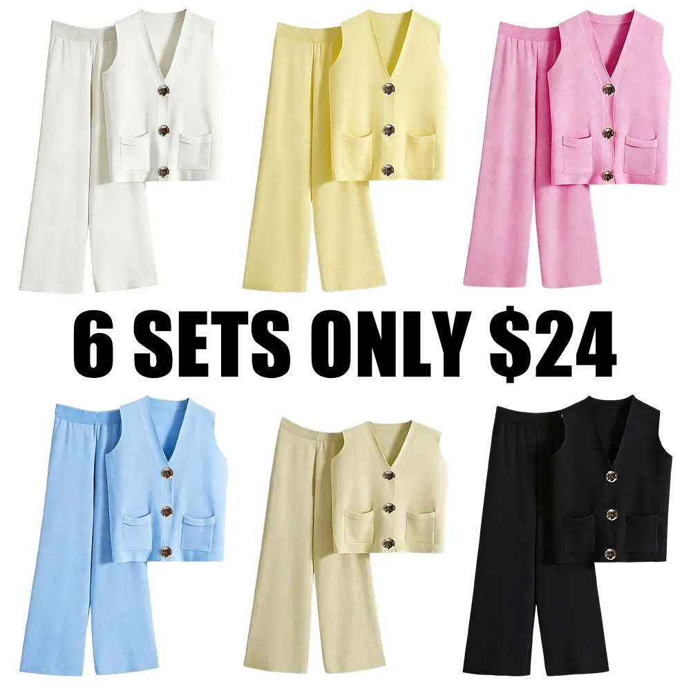 Women's Elegant V Neck Gold-Toned Button Decor Tank Top & Wide Leg Trousers Co-ord