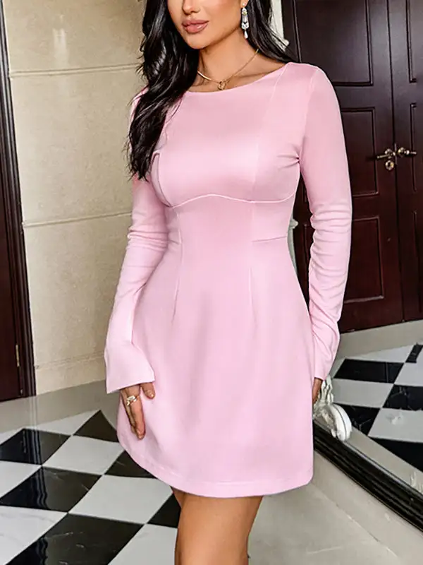 High Waisted Long Sleeve Backless Solid Color Zipper Round Neck Mini