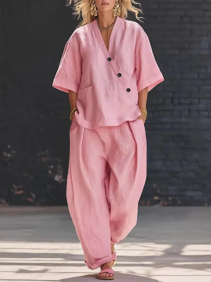 Relaxed V Neck Blouse And Pants Set