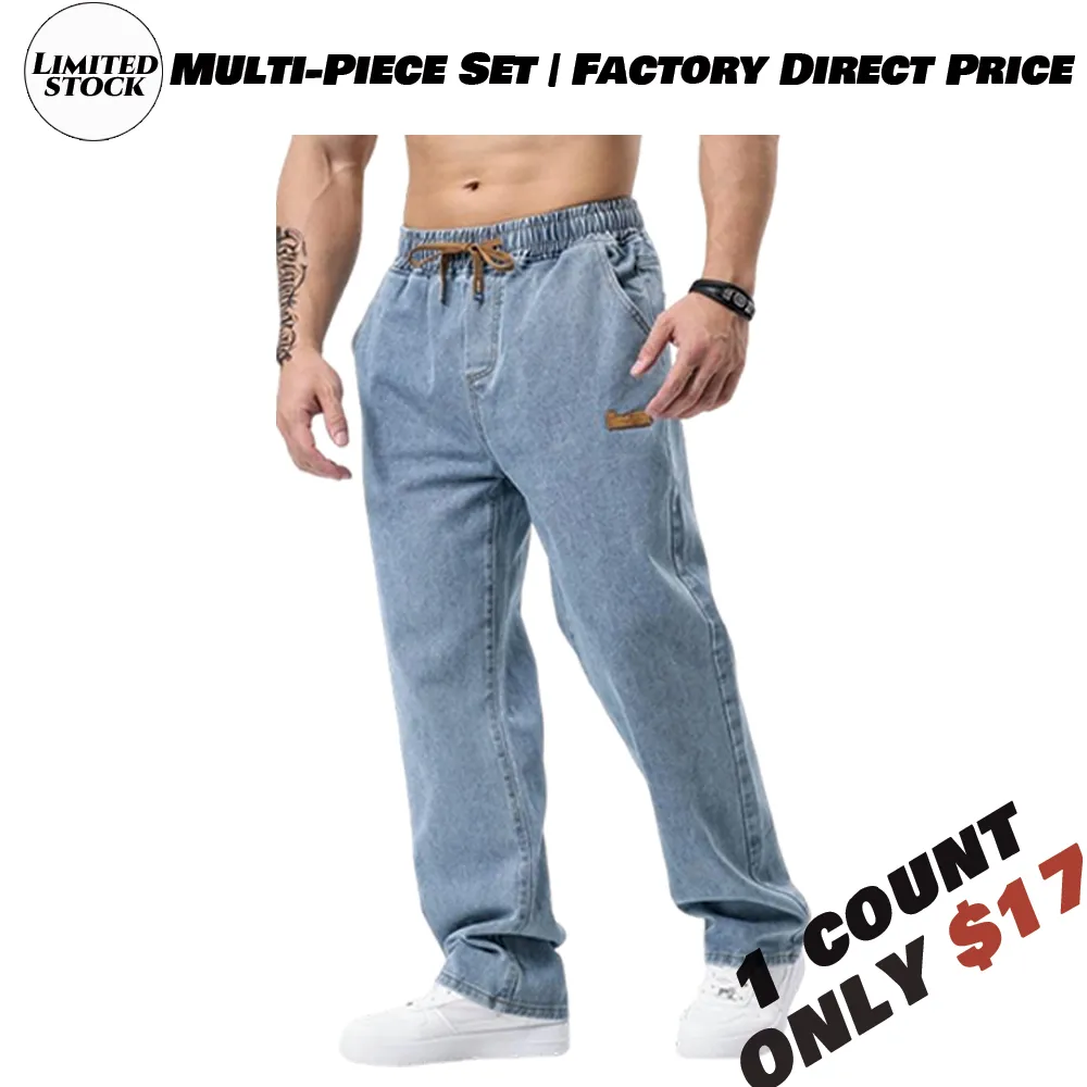 Men's drawstring elastic waist washed and distressed loose straight-leg jeans, non-stretchy denim pants, comfortable and loose fit. Suitable for daily casual wear, urban gatherings, and weekend fashion looks. A must-have trendy men's pants 🔥