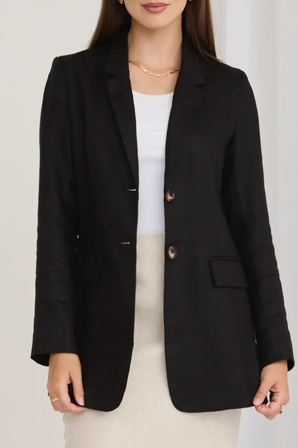 Black Linen Single Breasted Longline Blazer