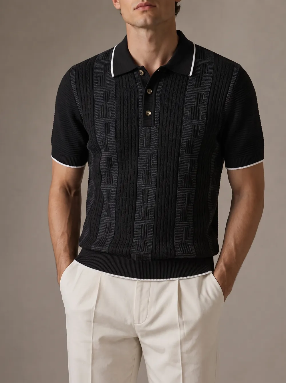 Men's Contrast Tipped Textured Knit Polo Shirt