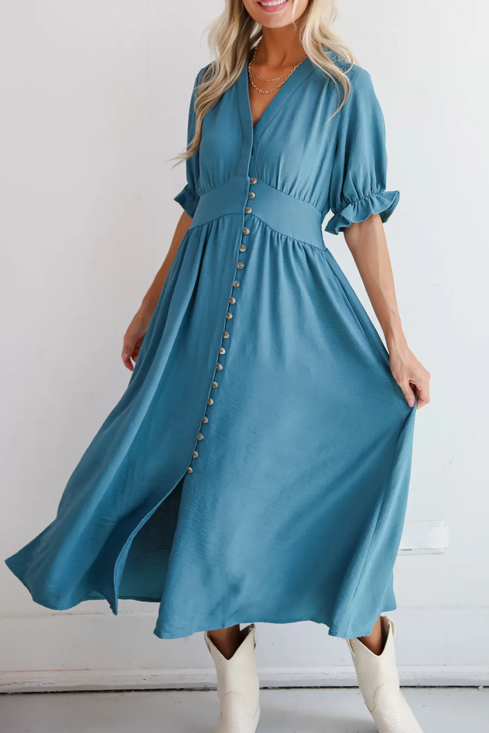 V-Neck Teal Midi Dress