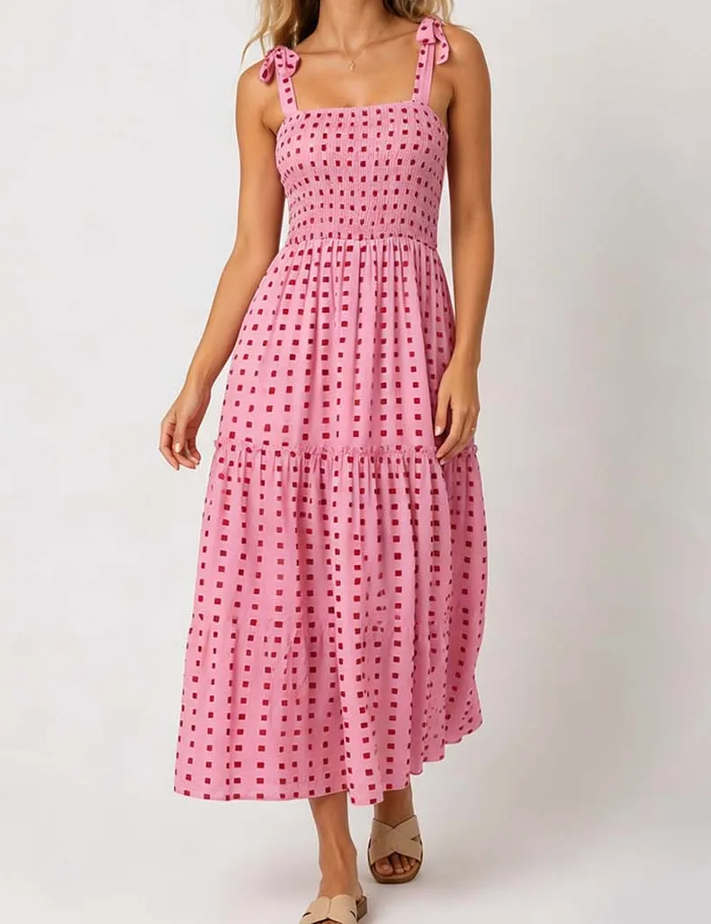 Abstract Smocked Strap Square Neck Midi Dress
