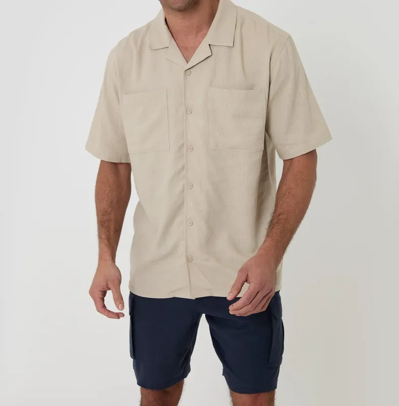 Stone Relaxed-Fit Linen-Blend Short-Sleeve Shirt