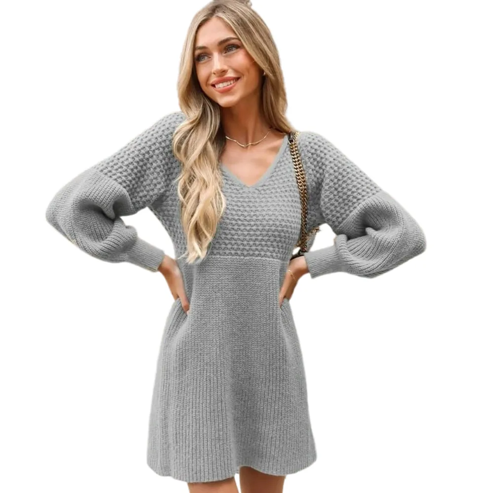 Women's Casual Sweater Dress for Christmas VNeck Honeycomb Long Sleeve Textured Knit Pullover Dresses Womenswear Fall Dress Early Autumn