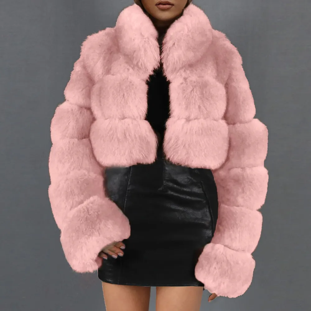 X1-Pink Faux Fur Coat Women with Hood Cropped Bubble Coats Fleece Short Warm Jackets Plus Size Winter Coats for Women