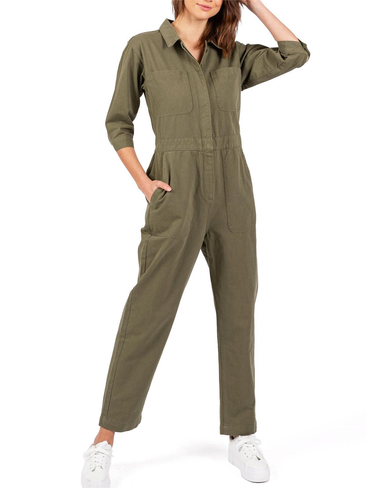 Olive Green Long - Sleeve Cargo Jumpsuit