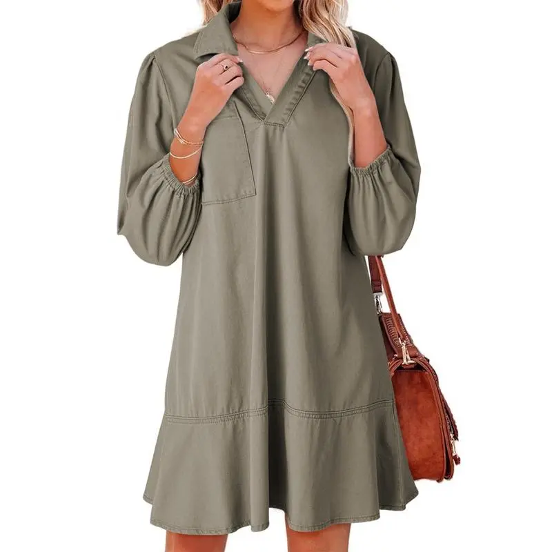 Women Fashion Fall Casual Babydoll 2025 V Neck 3/4 Puff Sleeve Jean Dresses