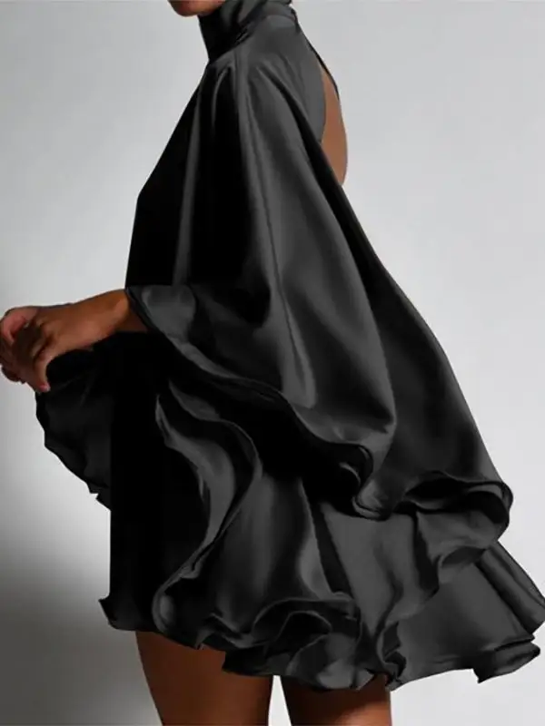 Solid Color High Neck Backless Flared Sleeve Mini Dress