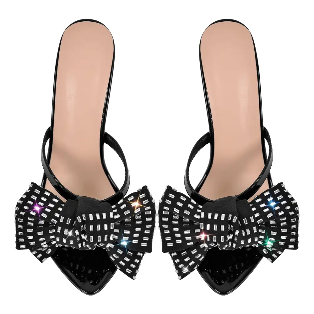 Rhinestone Pointed Toe Bow Stiletto Mule Sandals