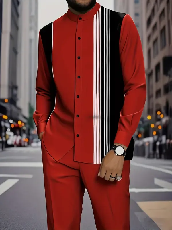 Men's black and white striped button-down shirt with drawstring waist casual pants