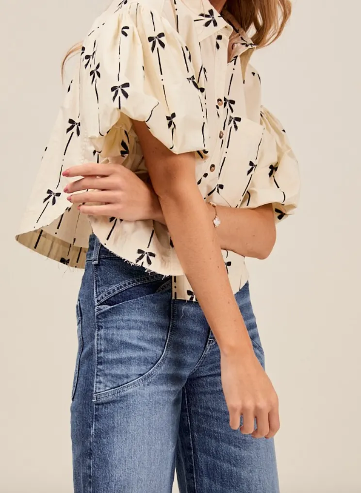 Bow Detail Button Front Puff Top