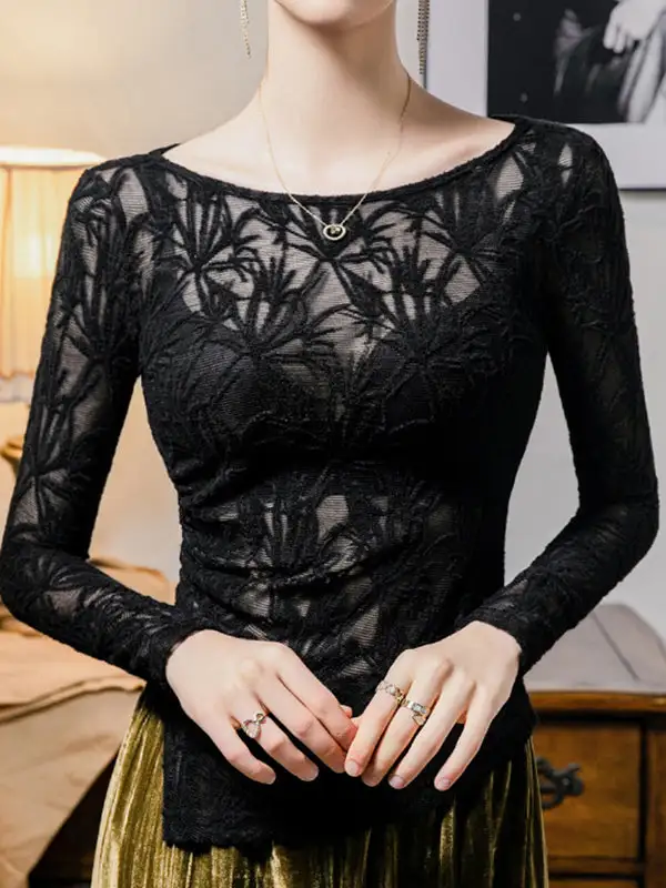 Long Sleeve Curve Fit Cutout Sheer Side Slit Round Neck T-Shirt