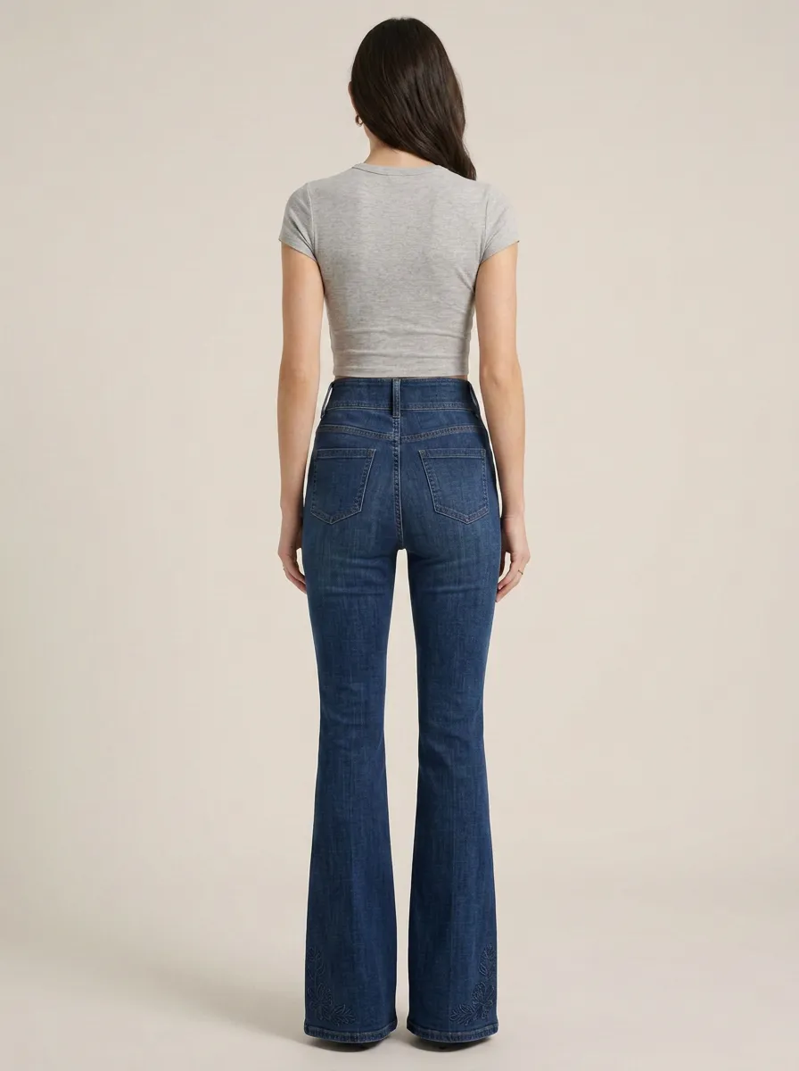 Women's Western Inspired Floral Embroidered Print High Rise Flare Jeans