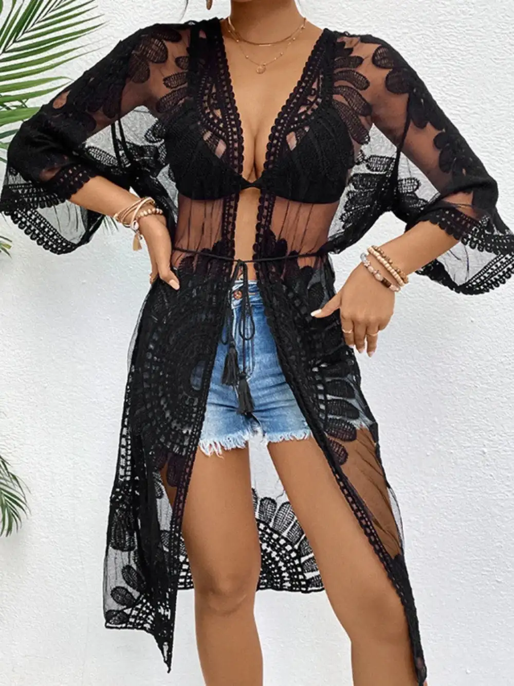 Lace Open Front Longline Swim Cover Up