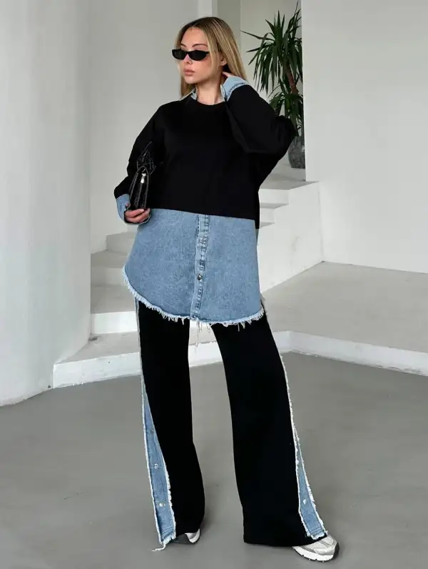 [6Pack]Women'S Knitted Patchwork Denim Top & Pants Set