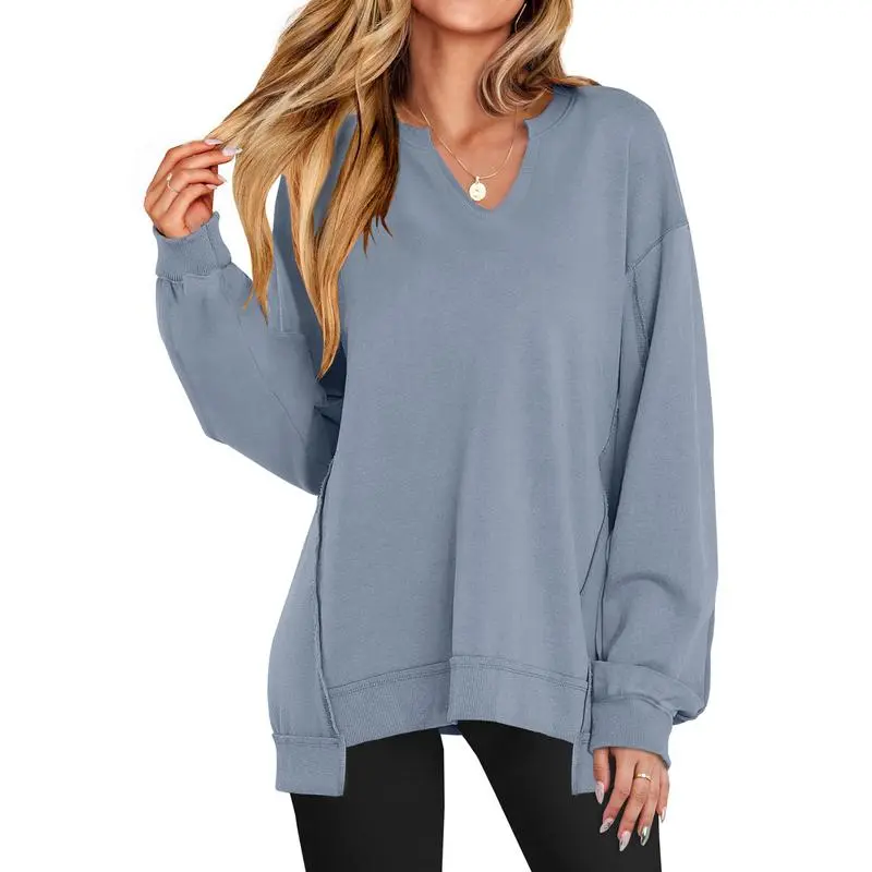 Women's Oversized Sweatshirt V Neck Long Sleeve Tunic Lightweight Pullover