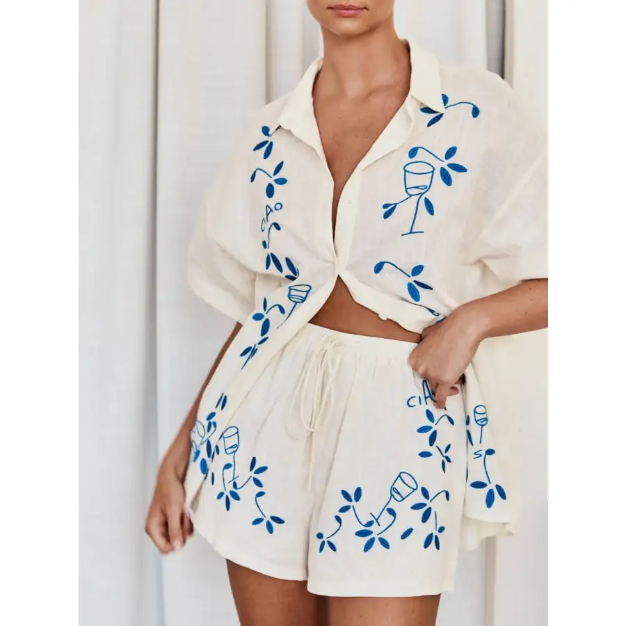 Embroidered Button Up Half Sleeve Top and Shorts Set