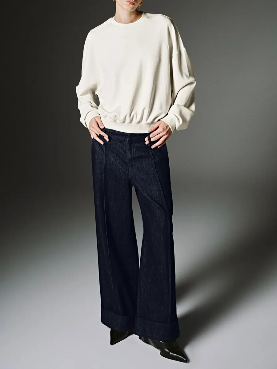 Ladies' Dark Blue Retro-Style Wide-Leg Denim Trousers