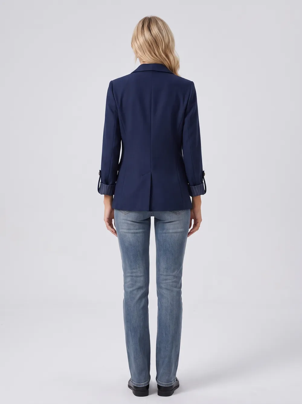 Women's Business Casual Navy Blue Chain Detail Rolled Sleeve Blazer