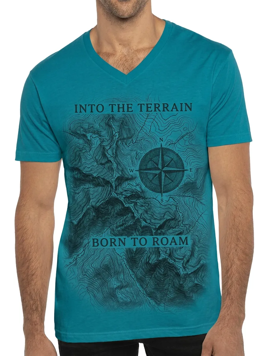 Men's Hiking Adventure Compass Topographic Map Printed V-Neck T-Shirt