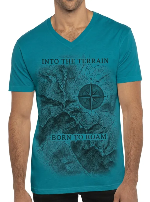 Men's Hiking Adventure Compass Topographic Map Printed V-Neck T-Shirt