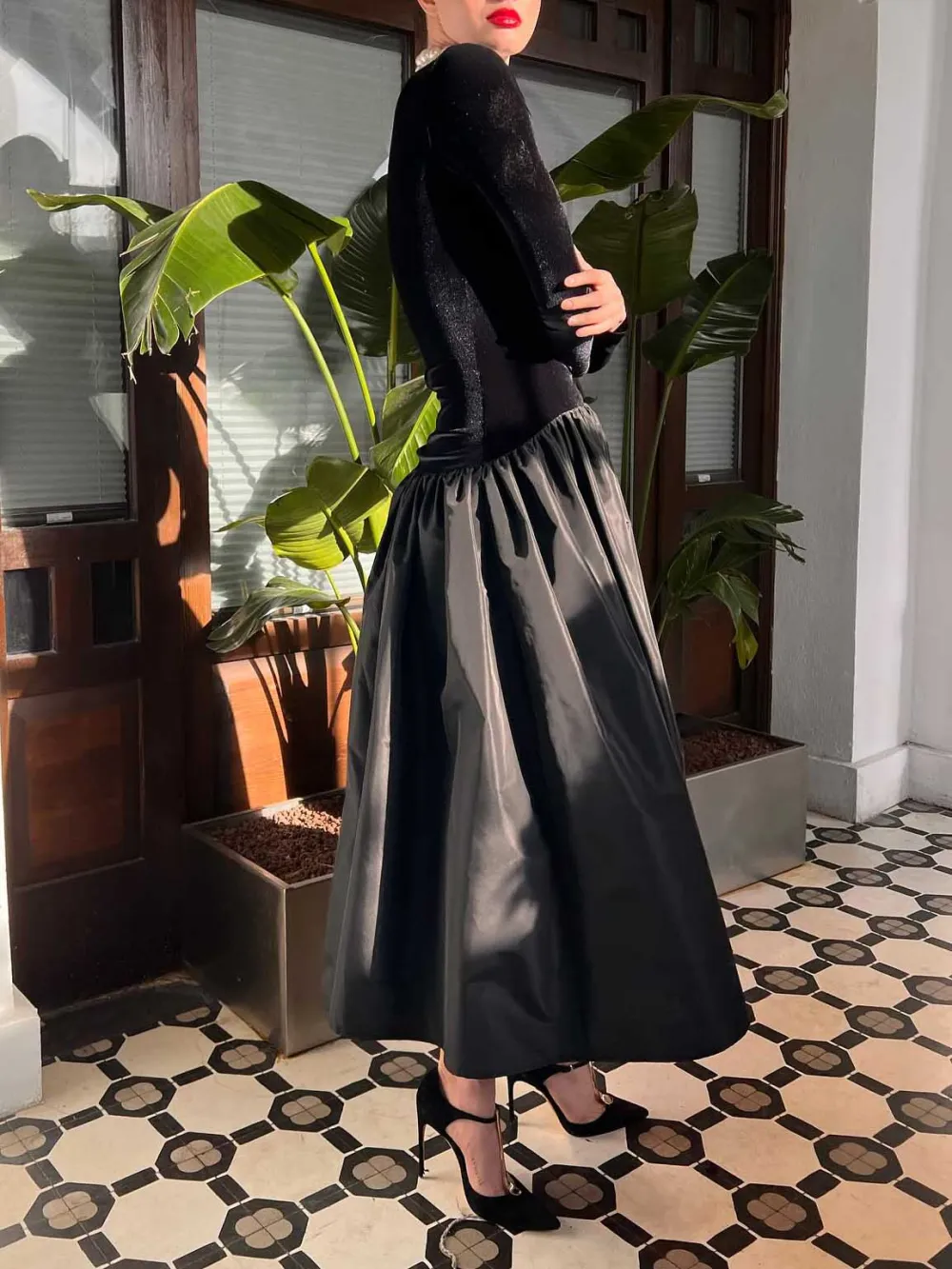 Elegant High Neck Velvet Patchwork Midi Dress