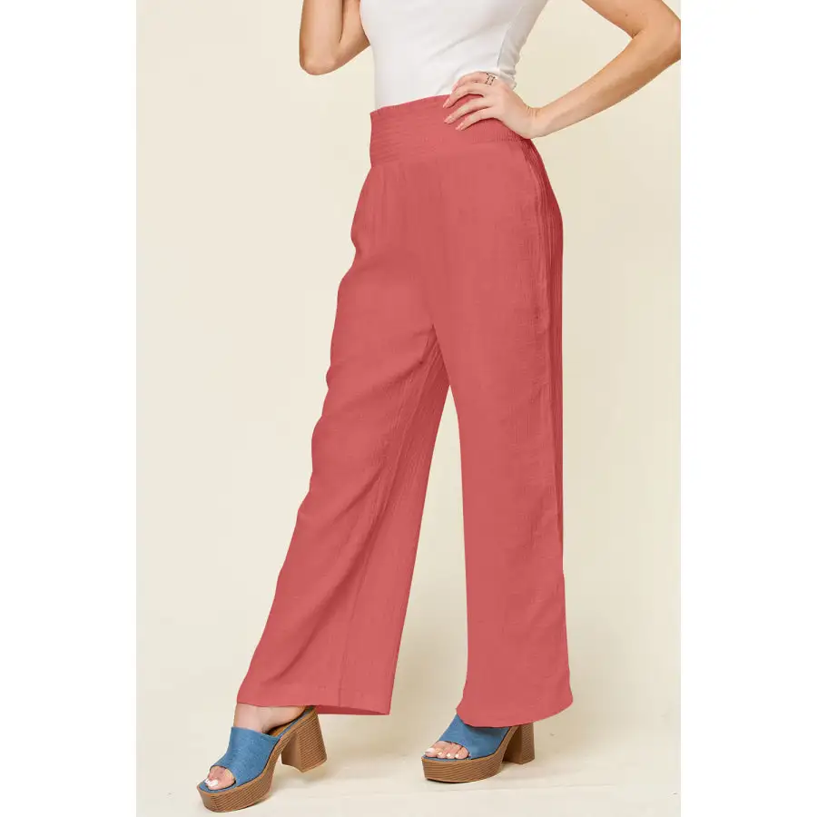 Full Size Texture Smocked Waist Wide Leg Pants