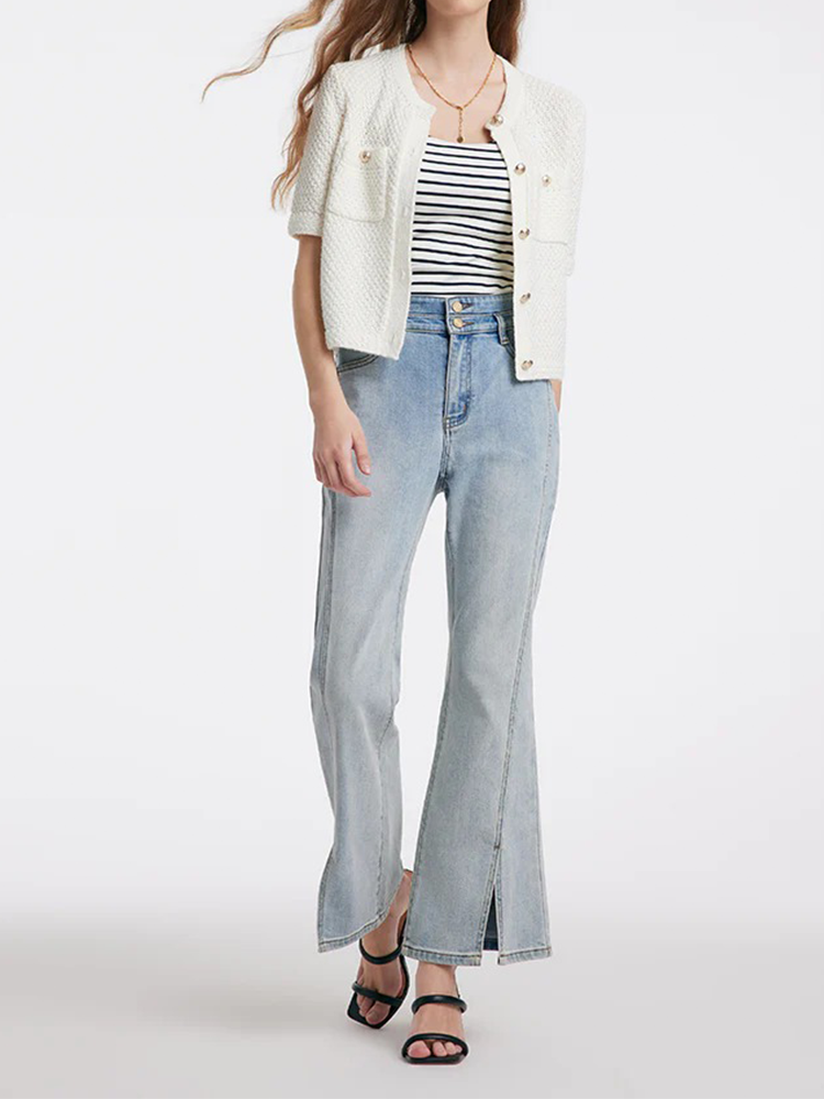 Openwork Round Neck Knitted Women Cardigan