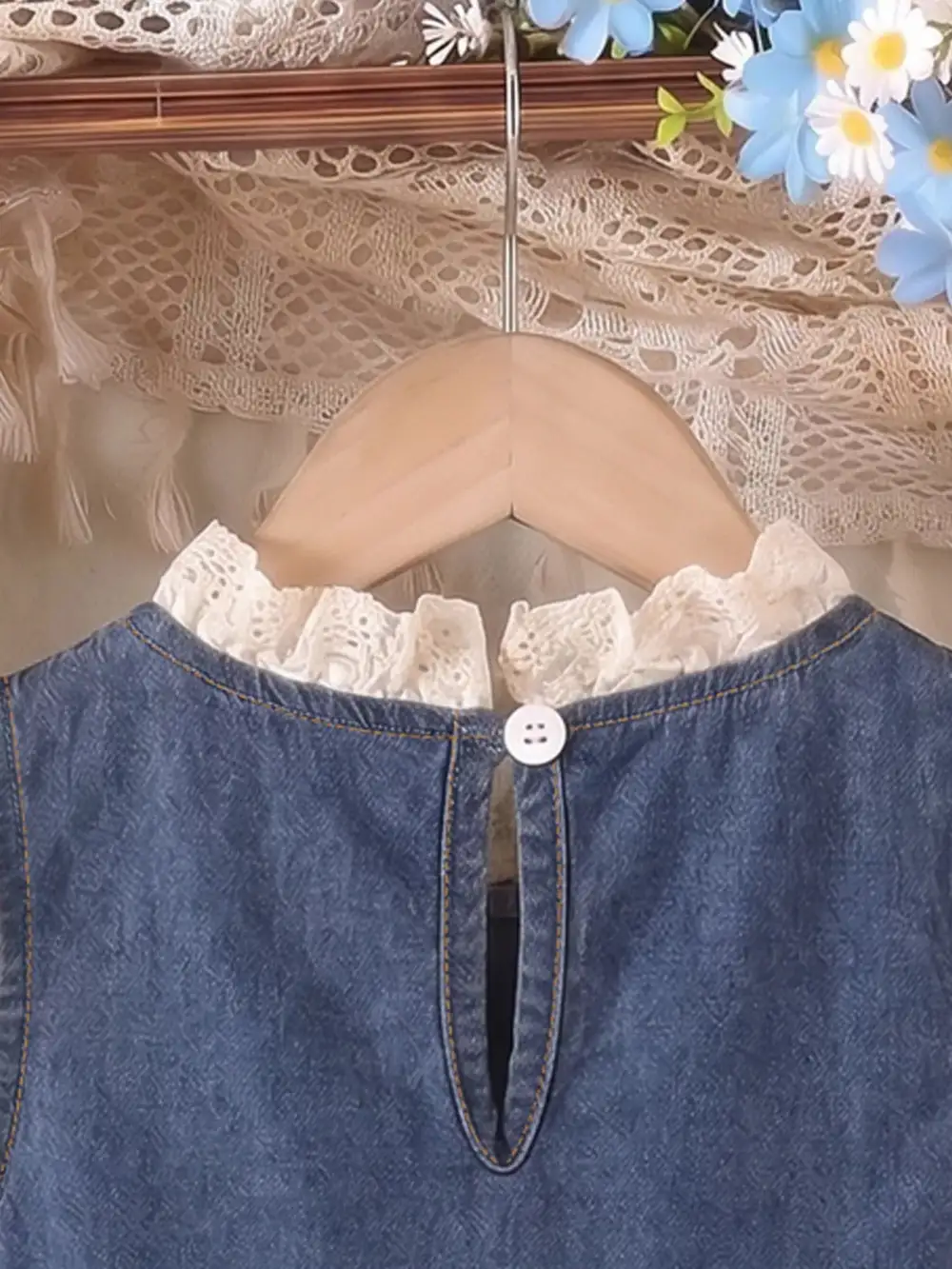 Girls Denim Cherry Applique Dress With Lace Trim