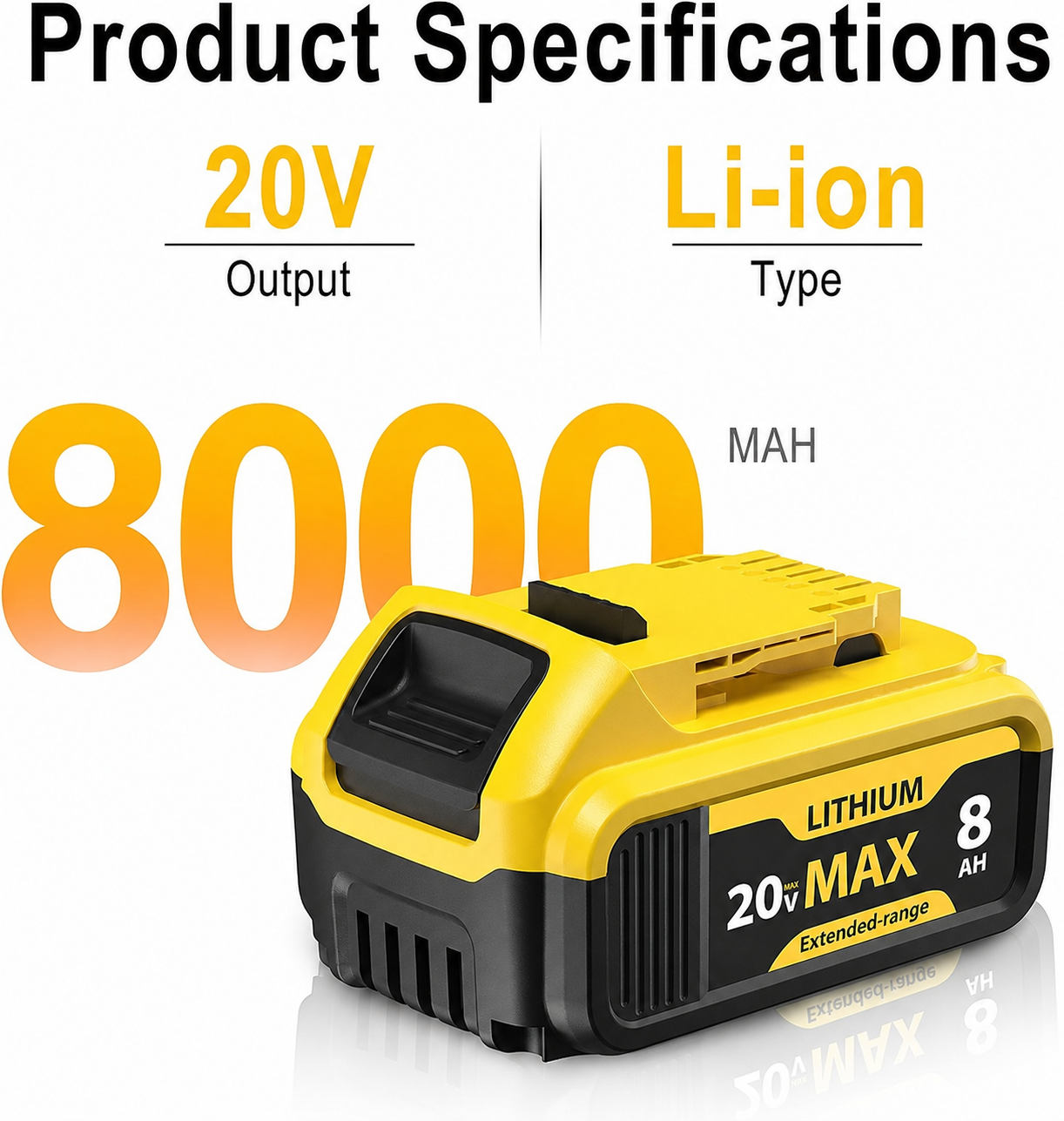 20V MAX 8.0Ah lithium-ion replacement battery specifications