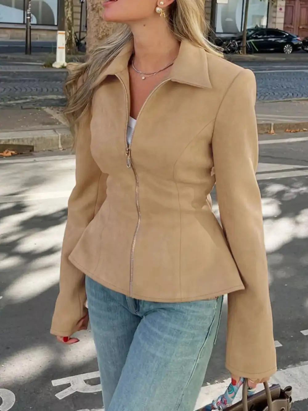 Suede Zip-up Fitted Jacket