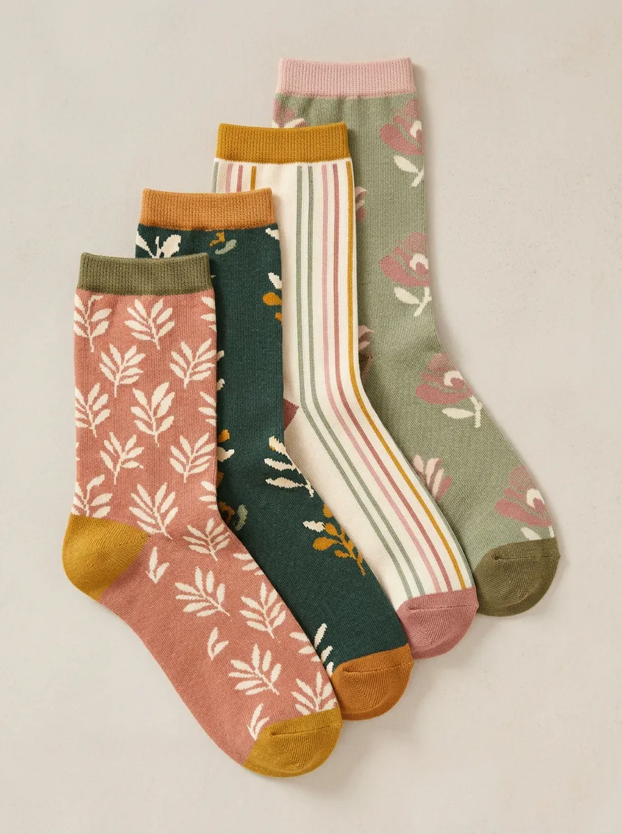 Relaxed Floral Striped Edit Women's Four Pair Socks