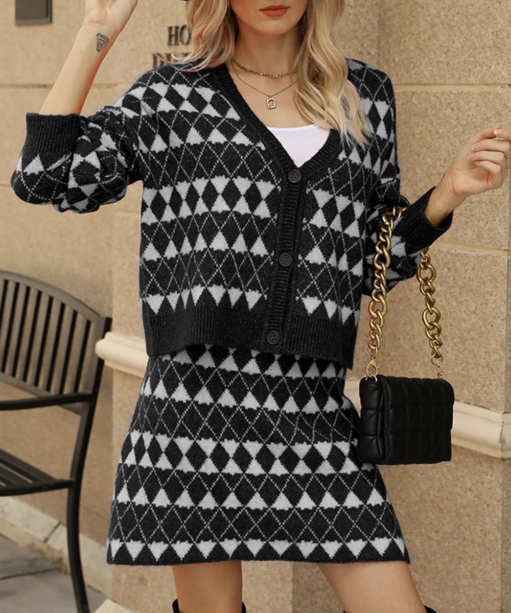 Geometric Dropped Shoulder Cardigan and Knit Skirt Set