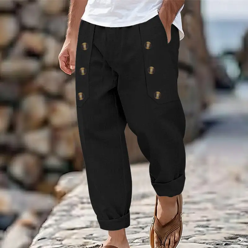 Men's Ankle-length Linen Cargo Pants Pockets