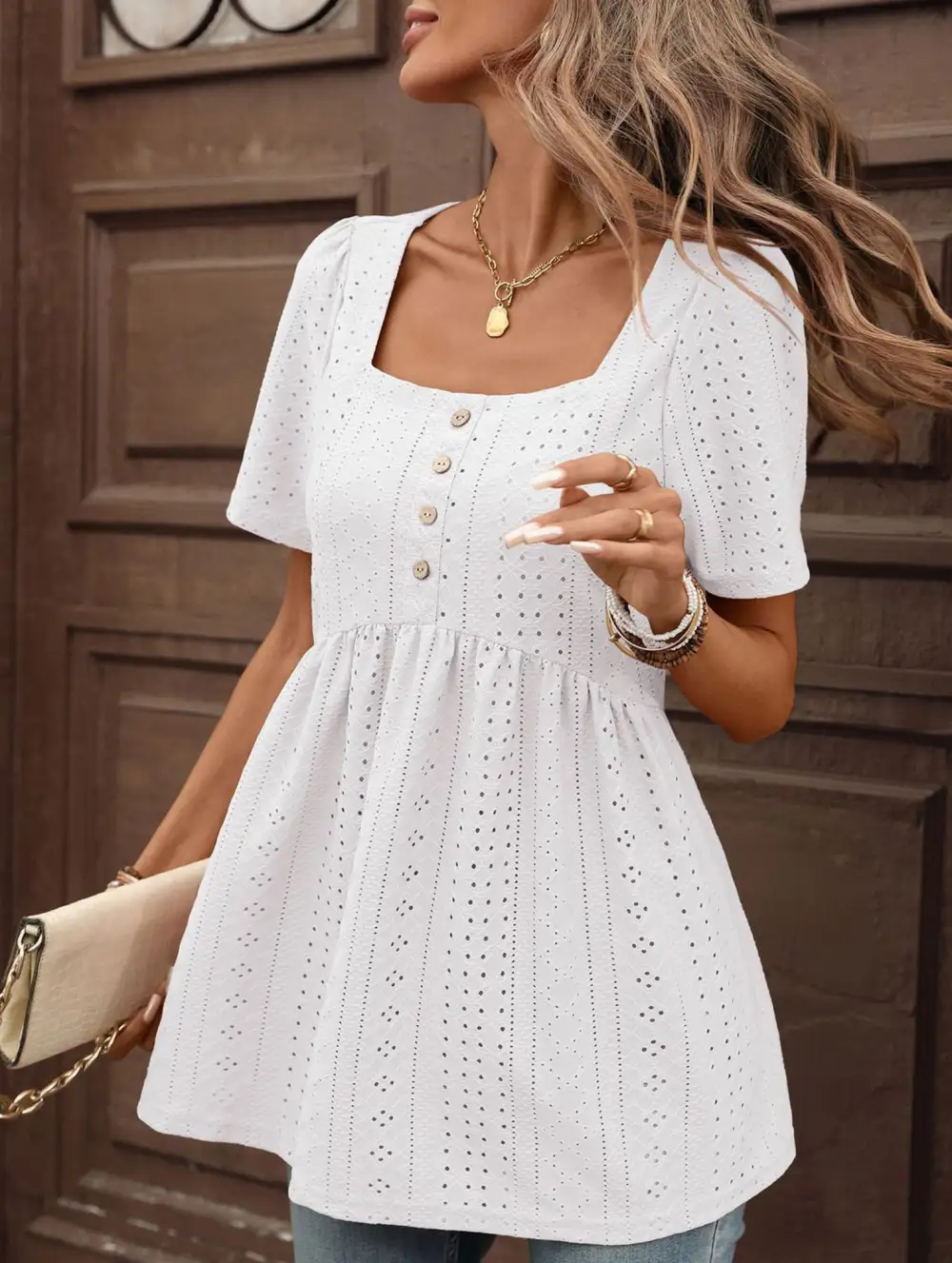 Square Neck Button Loose Tee